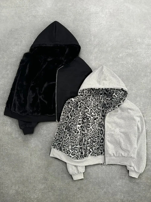 Leopard Print Lined Zip Hoodie